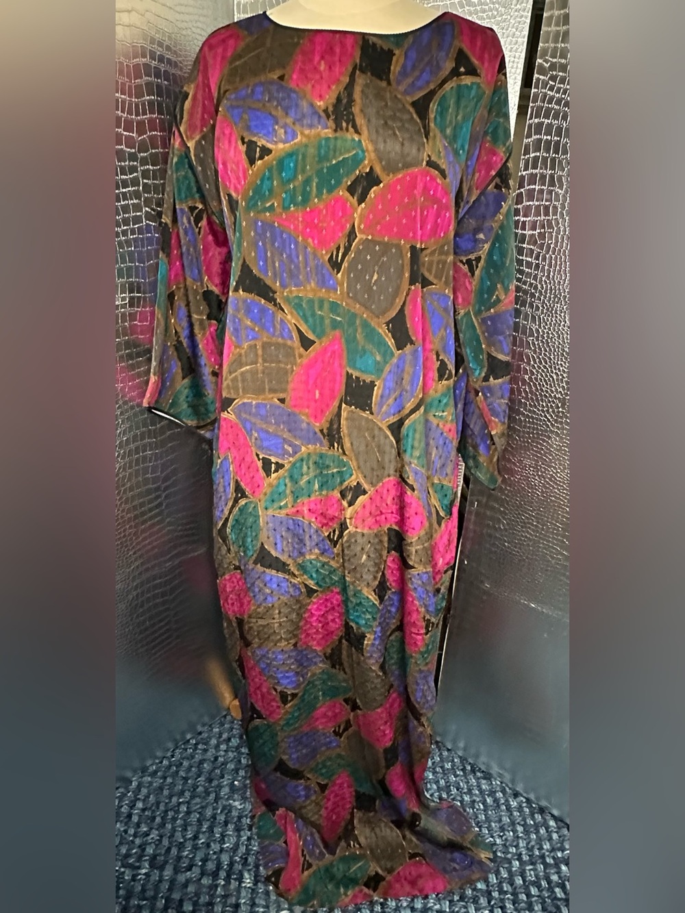 Mary McFadden Vintage Pink Black Blue Caftan Dress Floral Jacquard Kimono Sleeve